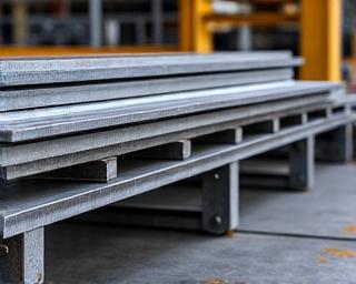 Stacks of steel rebar and structural beams.