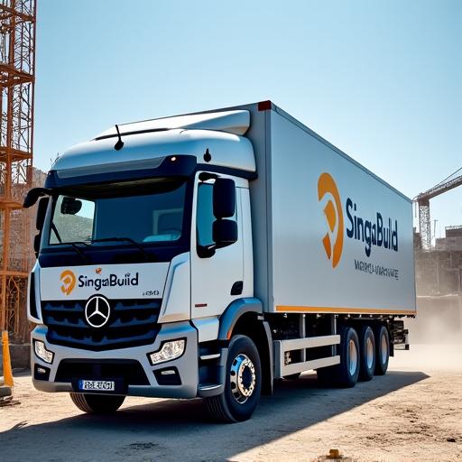 A SingaBuild Materials delivery truck at a construction site.